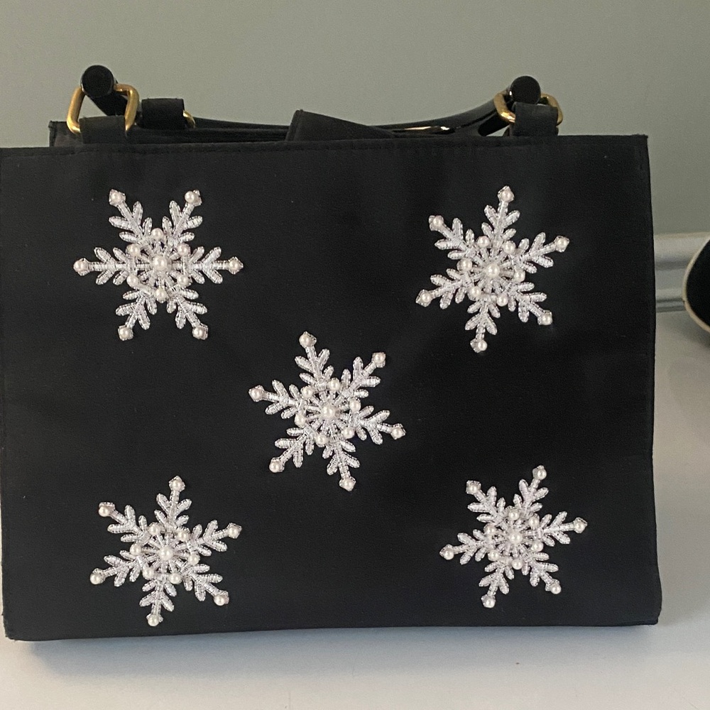 Kim Rogers Black Shoulder Bag with White Snowflake Embellishments